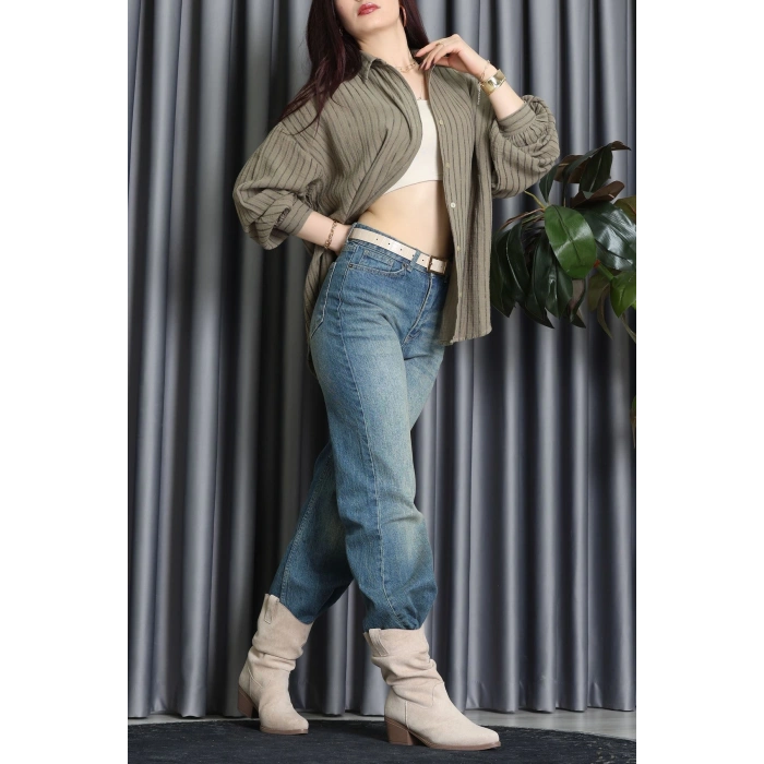 Armürlü Müslin Oversize Gömlek Haki - 70994.1934.