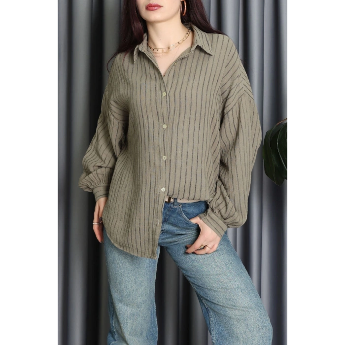 Armürlü Müslin Oversize Gömlek Haki - 70994.1934.