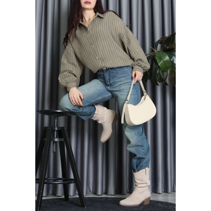 Armürlü Müslin Oversize Gömlek Haki - 70994.1934.