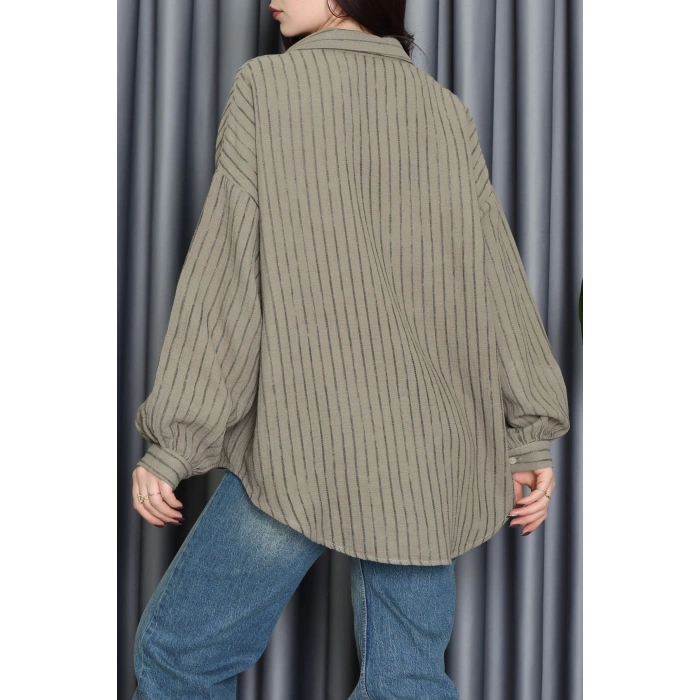 Armürlü Müslin Oversize Gömlek Haki - 70994.1934.