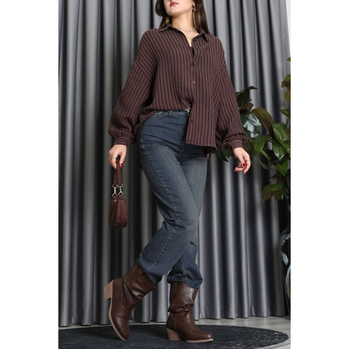 Armürlü Müslin Oversize Gömlek Kahve - 70994.1934.