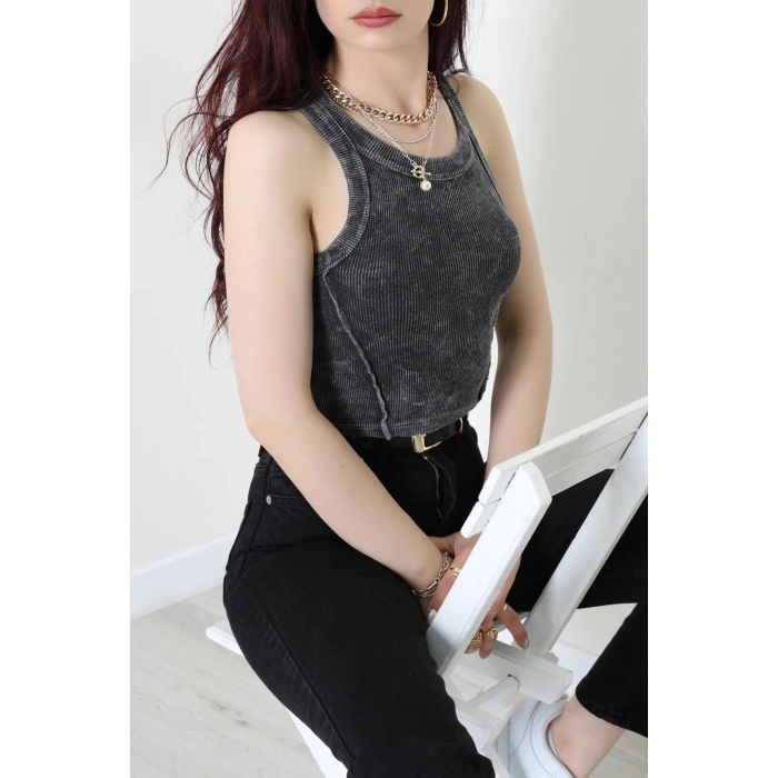 Asit Yıkamalı Kaşkorse Crop Body Antrasit - 71062.1748.