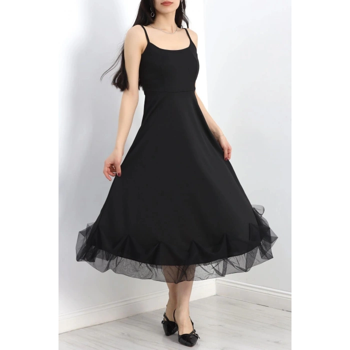 Askılı Tül Detay Krep Elbise Siyah - 30260.1592.