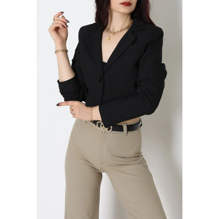 Astarlı Poliviskon Kısa Blazer Ceket Siyah - 31824.1397.