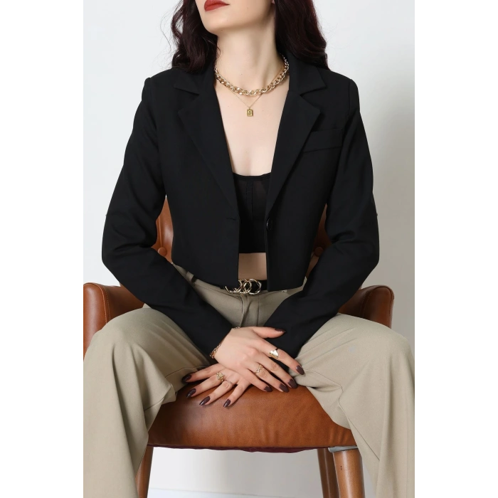 Astarlı Poliviskon Kısa Blazer Ceket Siyah - 31824.1397.
