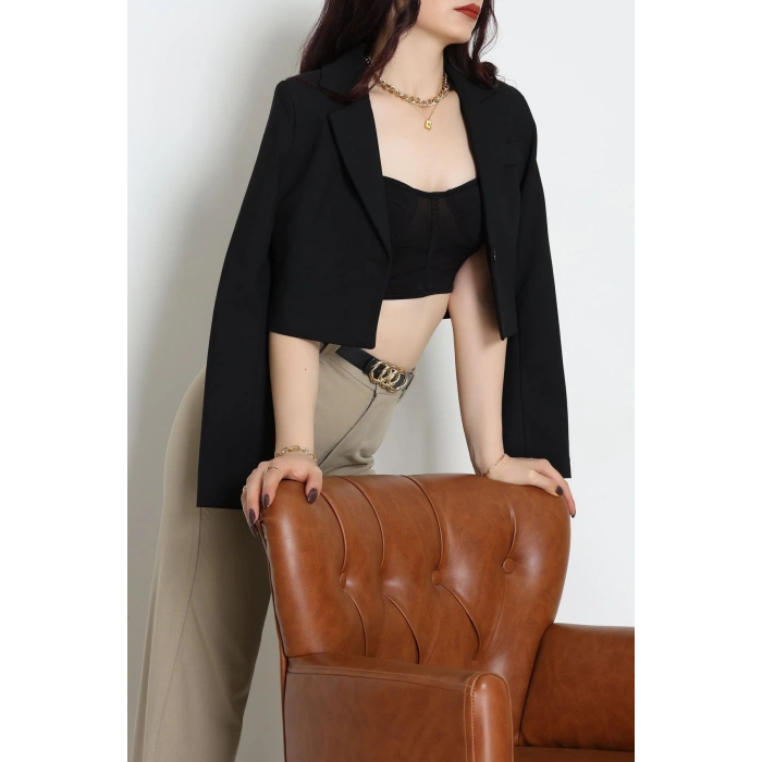Astarlı Poliviskon Kısa Blazer Ceket Siyah - 31824.1397.