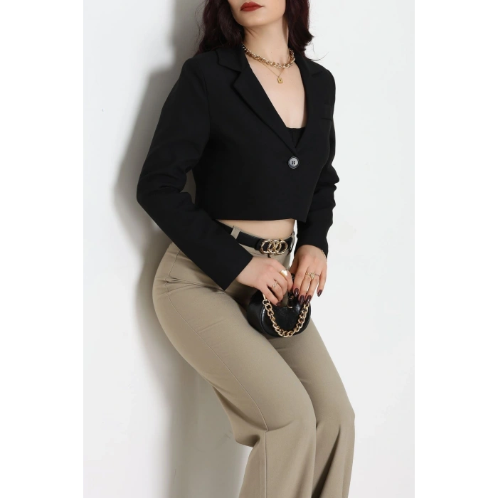 Astarlı Poliviskon Kısa Blazer Ceket Siyah - 31824.1397.