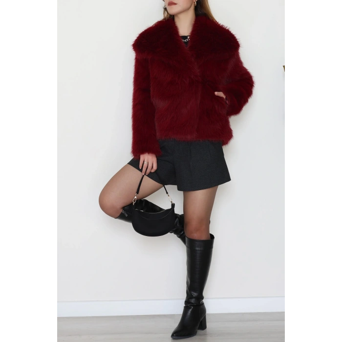 Astarlı Uzun Tüylü Kürk Bordo - 5075.1839.