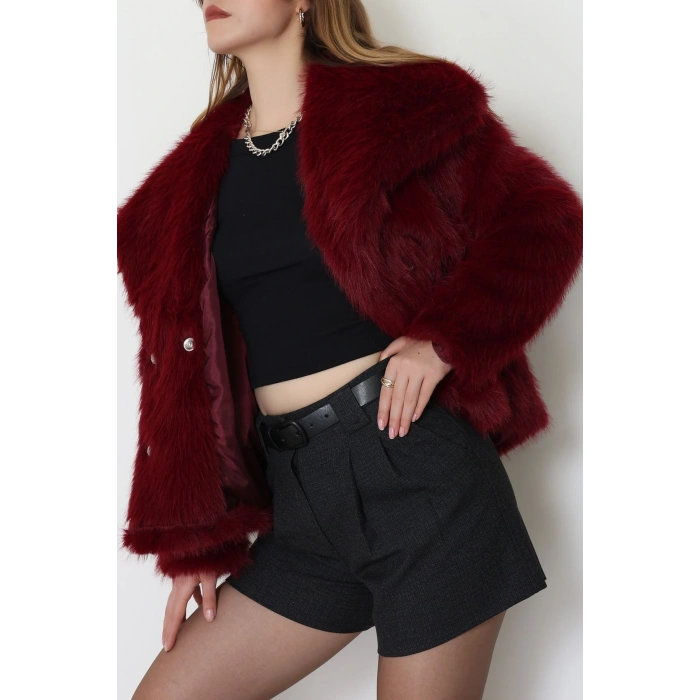 Astarlı Uzun Tüylü Kürk Bordo - 5075.1839.