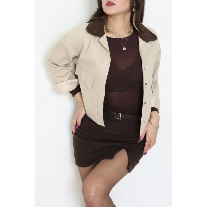 Astarlı Yaka Fitilli Gabardin Ceket Bej - 8790.179.
