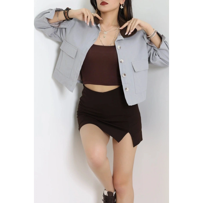 Astarlı Yaka Fitilli Gabardin Ceket Gri - 8790.179.