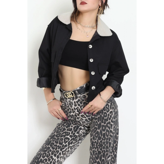 Astarlı Yaka Fitilli Gabardin Ceket Siyah - 8790.179.