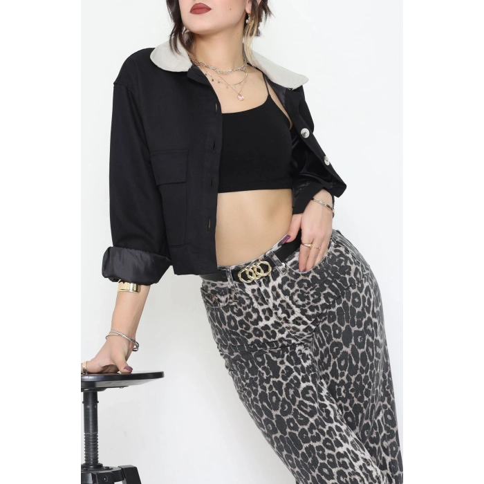 Astarlı Yaka Fitilli Gabardin Ceket Siyah - 8790.179.