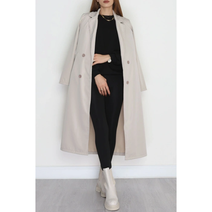 Astarsız Kuşaklı Uzun Trençkot Taş - 31477.147.
