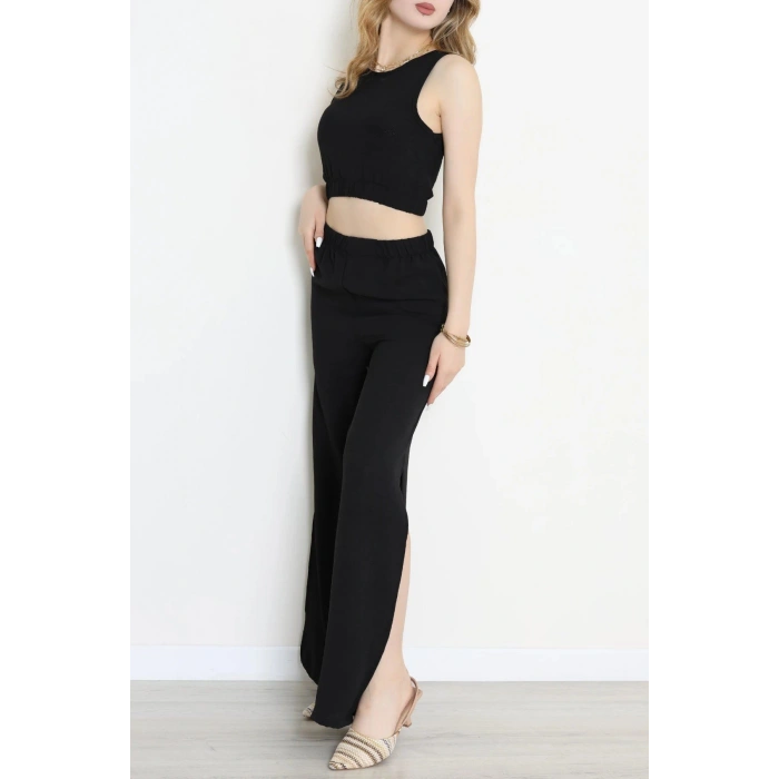 Ayrobin Kumaş Yırtmaçlı Pantolon Crop İkili Takım Siyah - 71157.1748.
