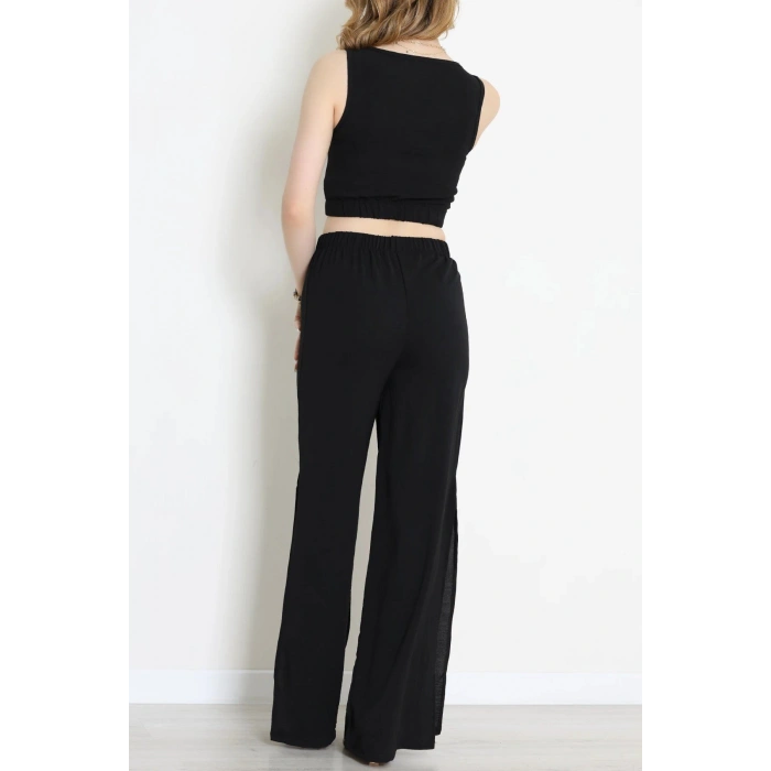 Ayrobin Kumaş Yırtmaçlı Pantolon Crop İkili Takım Siyah - 71157.1748.