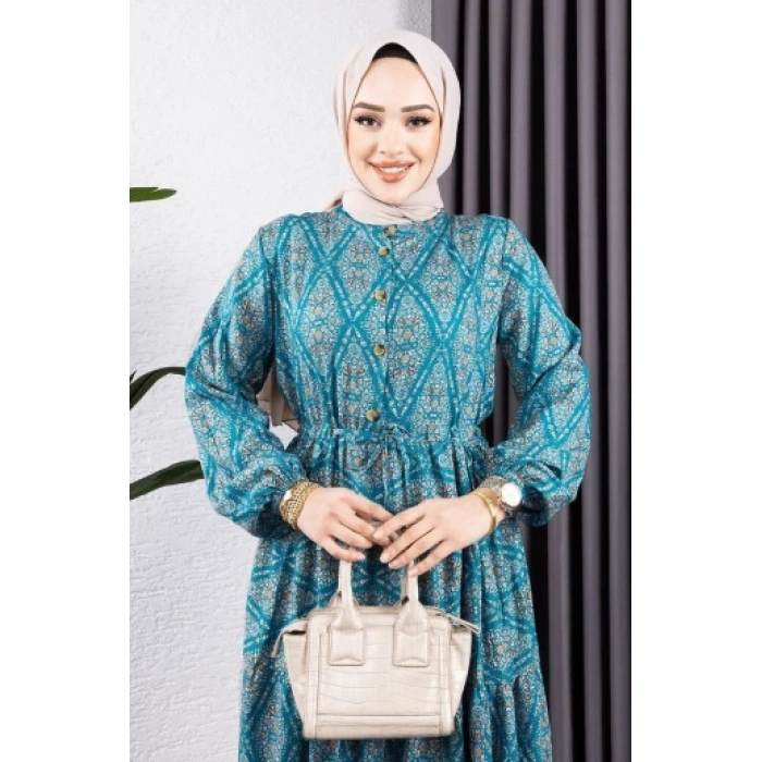 Bağcıklı Desenli Viskon Elbise MAVİ