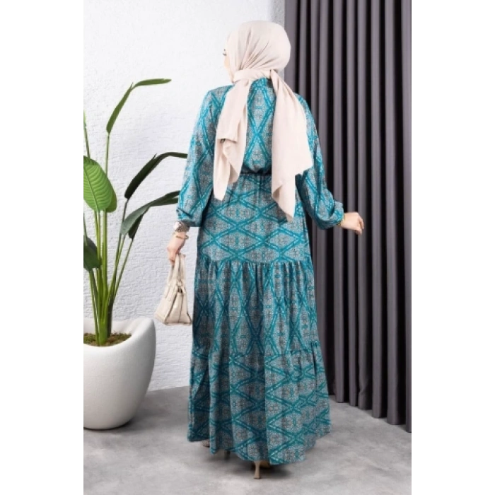 Bağcıklı Desenli Viskon Elbise MAVİ