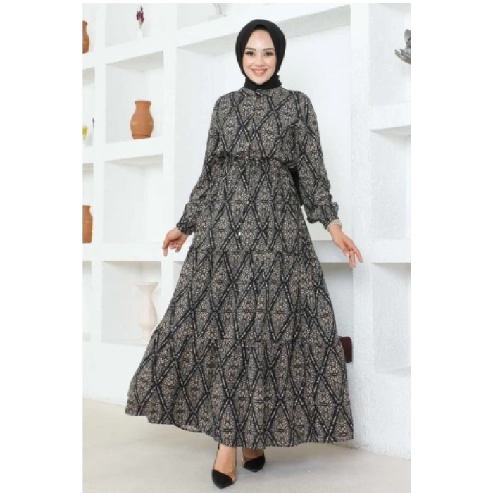 Bağcıklı Desenli Viskon Elbise SİYAH