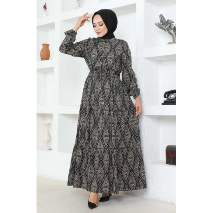 Bağcıklı Desenli Viskon Elbise SİYAH