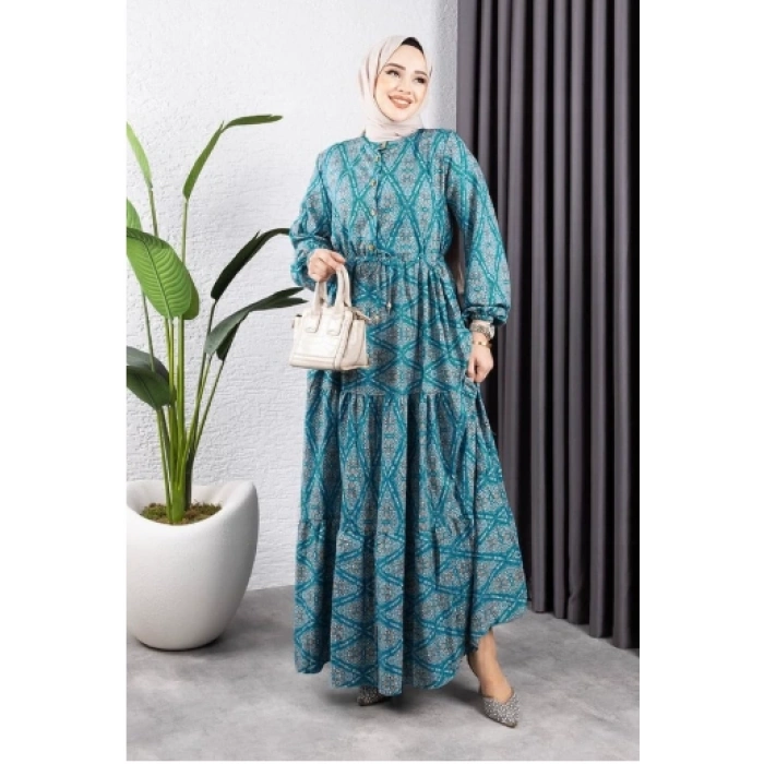 Bağcıklı Desenli Viskon Elbise YEŞİL