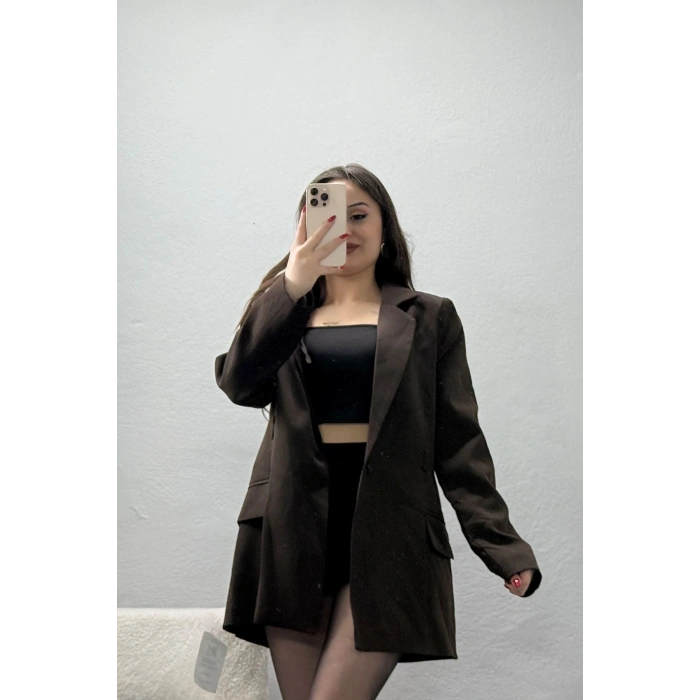 Bağlamalı Astarlı Blazer Ceket Kahve - 31815.1991.