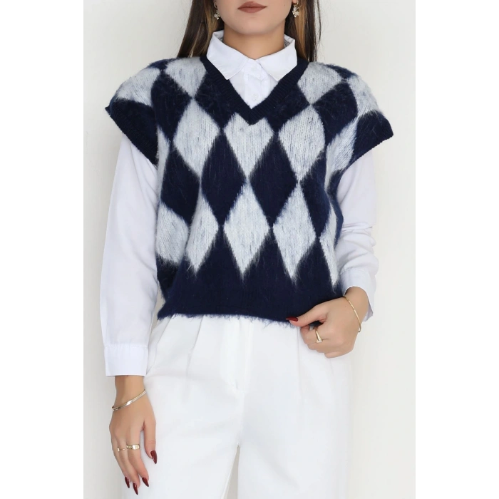 Baklava Desenli Süveter Lacivert - 2409.1765.