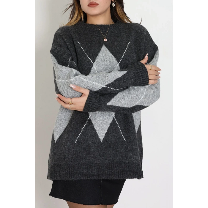 Baklava Dilimli Triko Kazak Antrasitgri - 51264.1918.