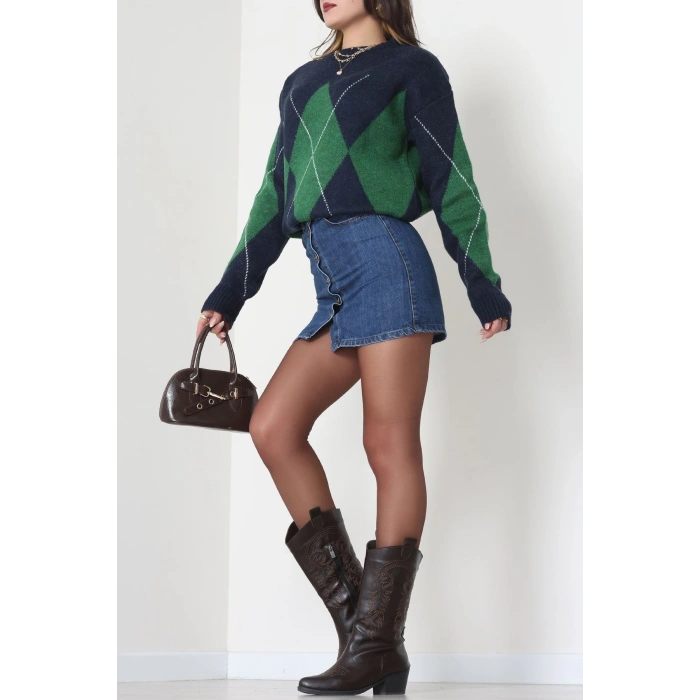 Baklava Dilimli Triko Kazak Laciyeşil - 51262.1918.