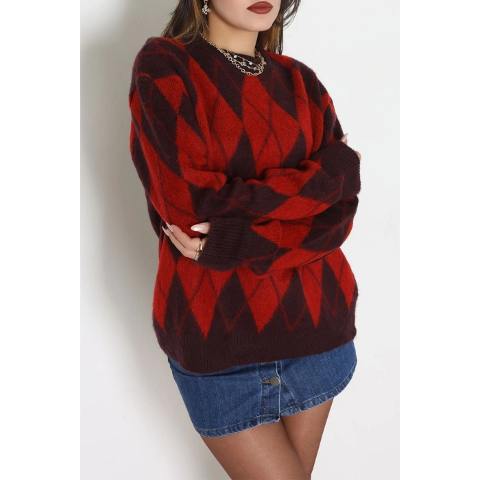 Baklava Dilimli Triko Kazak Mürdümkırmızı - 51263.1918.