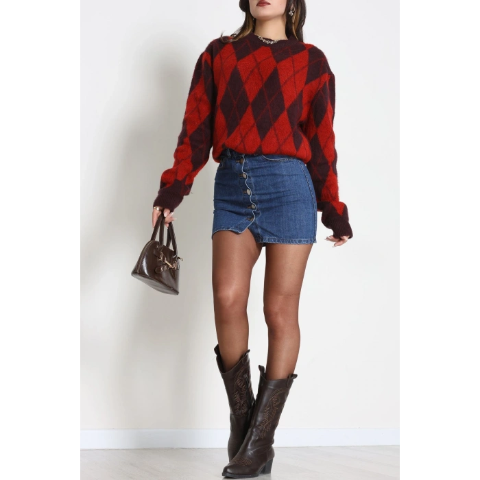 Baklava Dilimli Triko Kazak Mürdümkırmızı - 51263.1918.