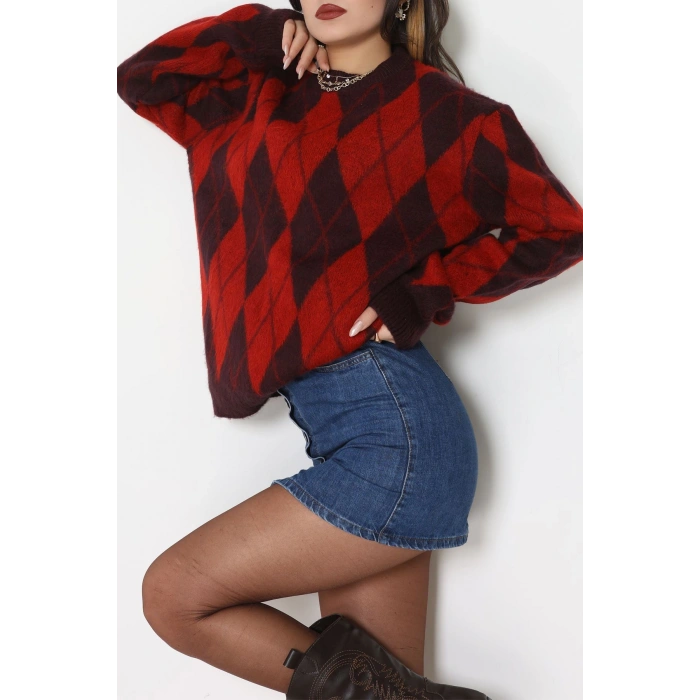 Baklava Dilimli Triko Kazak Mürdümkırmızı - 51263.1918.