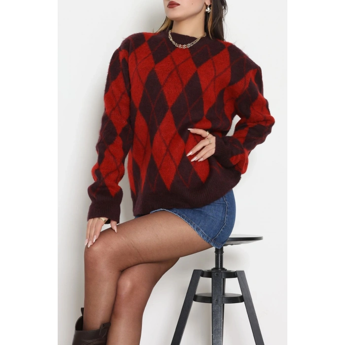 Baklava Dilimli Triko Kazak Mürdümkırmızı - 51263.1918.