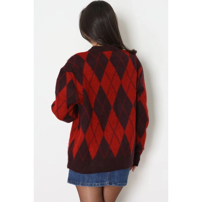 Baklava Dilimli Triko Kazak Mürdümkırmızı - 51263.1918.