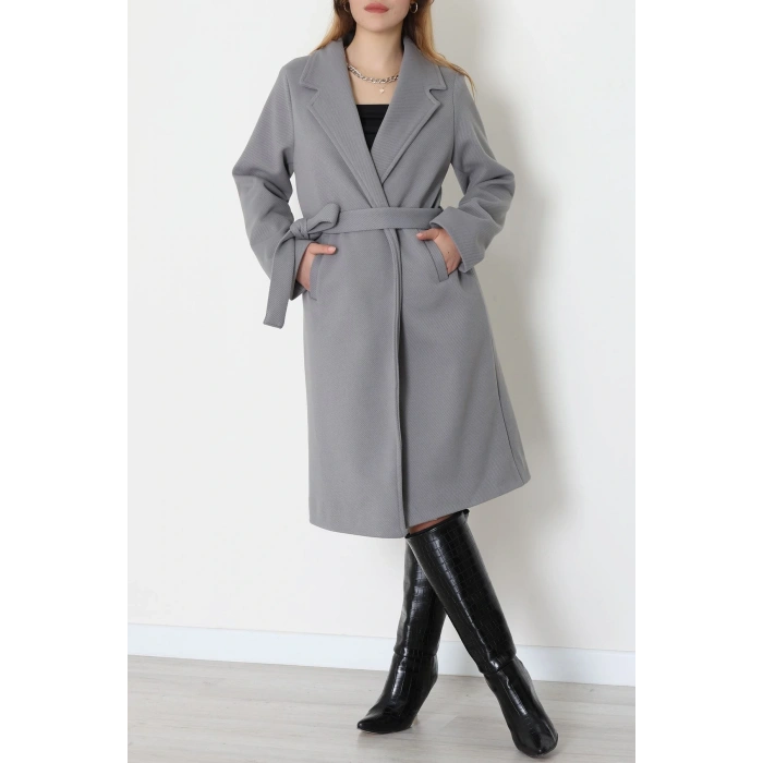 Balıksırtı Astarlı Uzun Kaşe Kaban Gri - 31806.1839.