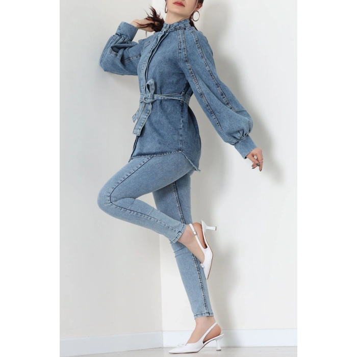 Balon Kollu Belden Bağlamalı Kot Ceket Mavi - 31787.683.