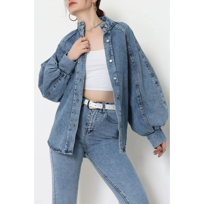 Balon Kollu Belden Bağlamalı Kot Ceket Mavi - 31787.683.