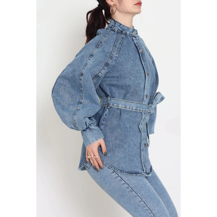 Balon Kollu Belden Bağlamalı Kot Ceket Mavi - 31787.683.