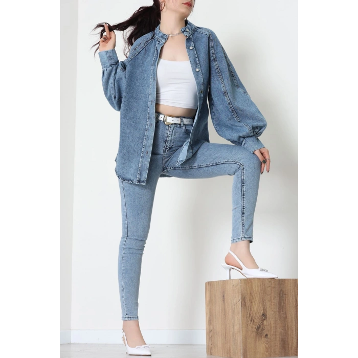 Balon Kollu Belden Bağlamalı Kot Ceket Mavi - 31787.683.