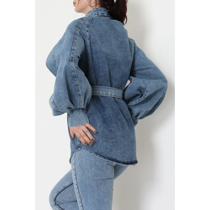 Balon Kollu Belden Bağlamalı Kot Ceket Mavi - 31787.683.