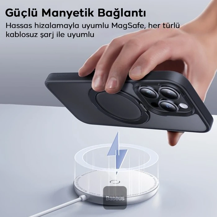 Baseus iPhone 15 Pro Max SkyRing Serisi Standlı Magsafe Manyetik Kılıf + Tempered Ekran Koruyucu Set-(1903)