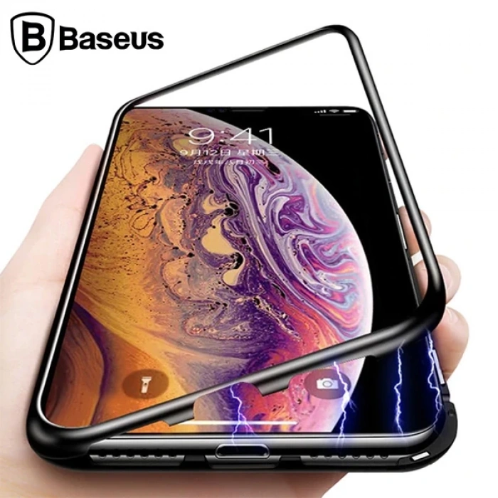 Baseus İPhone Xs Max Arkası Cam Manyetik Metal Frame Kılıf-(1903)
