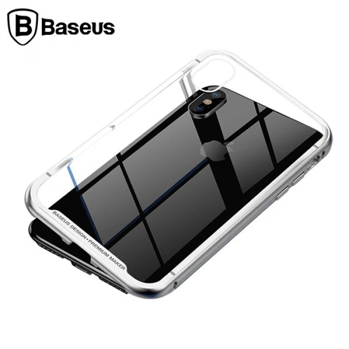 Baseus İPhone Xs Max Arkası Cam Manyetik Metal Frame Kılıf-(1903)