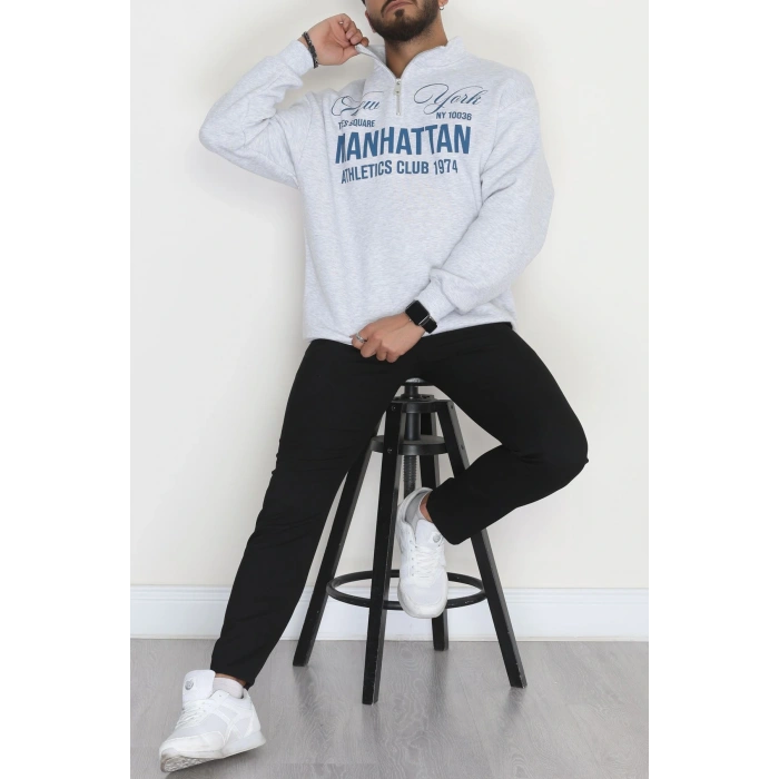 Baskılı 3 İplik Şardonlu Erkek Sweat Gri - 42585.1872.