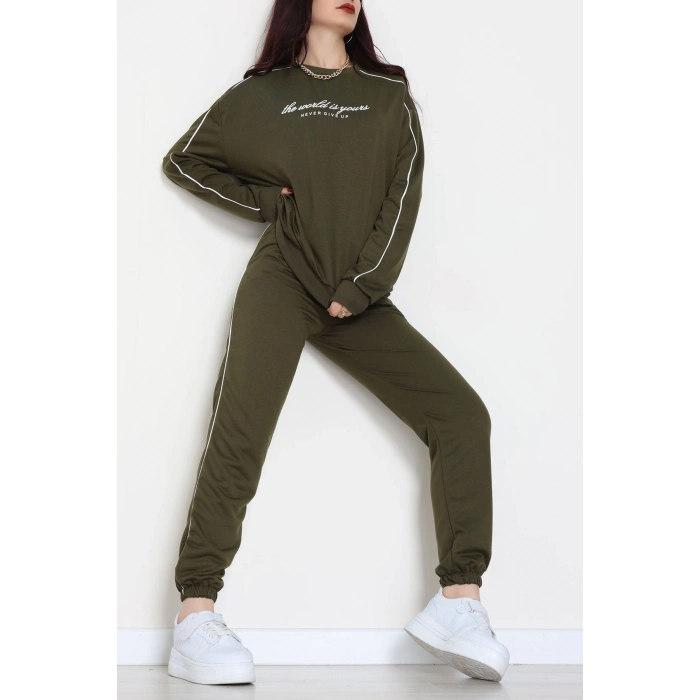 Baskılı Biyeli Eşofman Takımı Haki - 20075.1857.