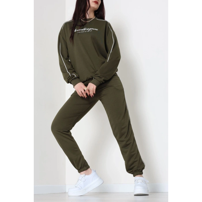 Baskılı Biyeli Eşofman Takımı Haki - 20075.1857.