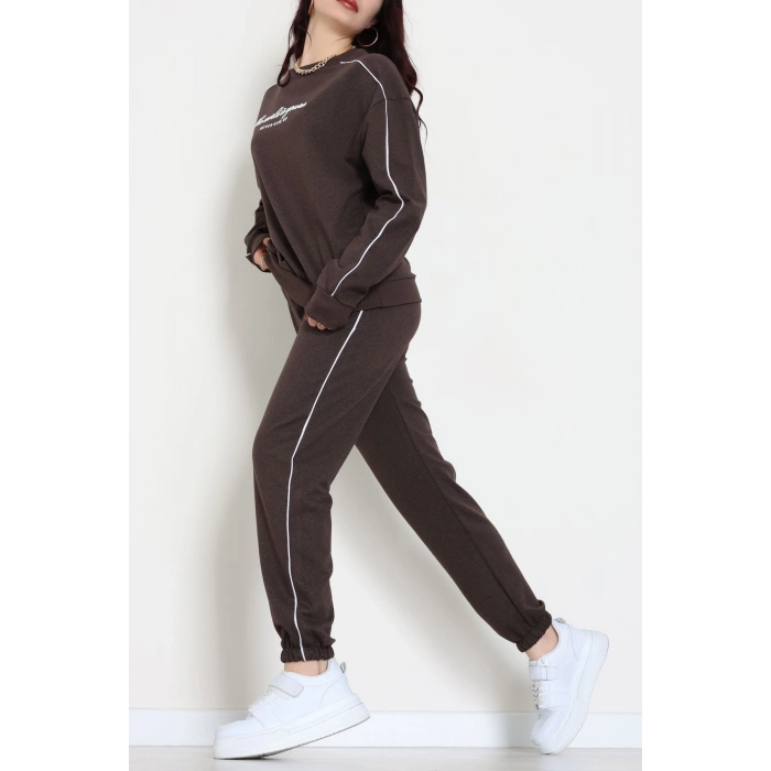 Baskılı Biyeli Eşofman Takımı Kahve - 20075.1857.