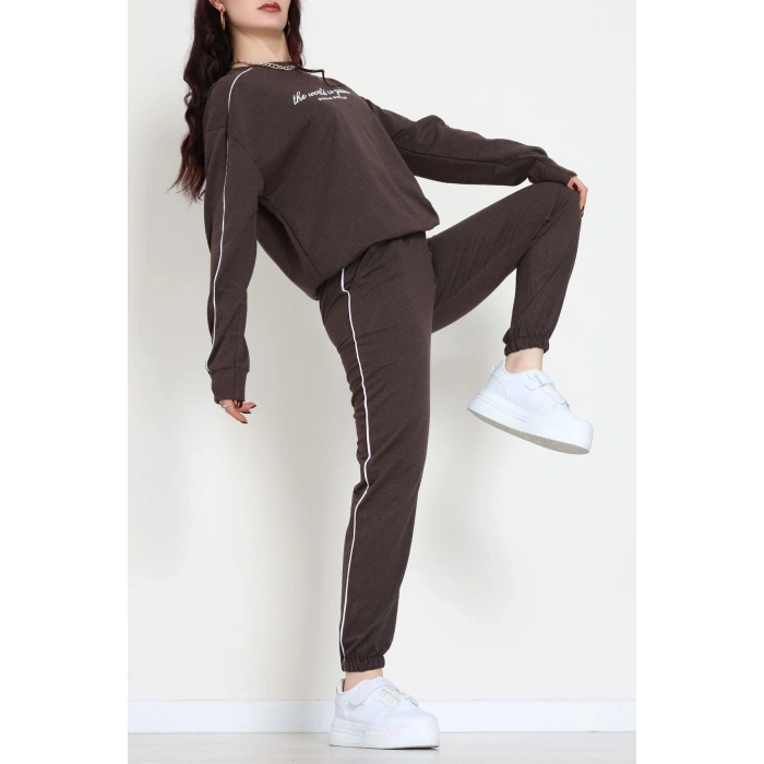 Baskılı Biyeli Eşofman Takımı Kahve - 20075.1857.