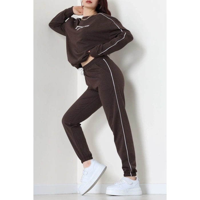 Baskılı Biyeli Eşofman Takımı Kahve - 20075.1857.