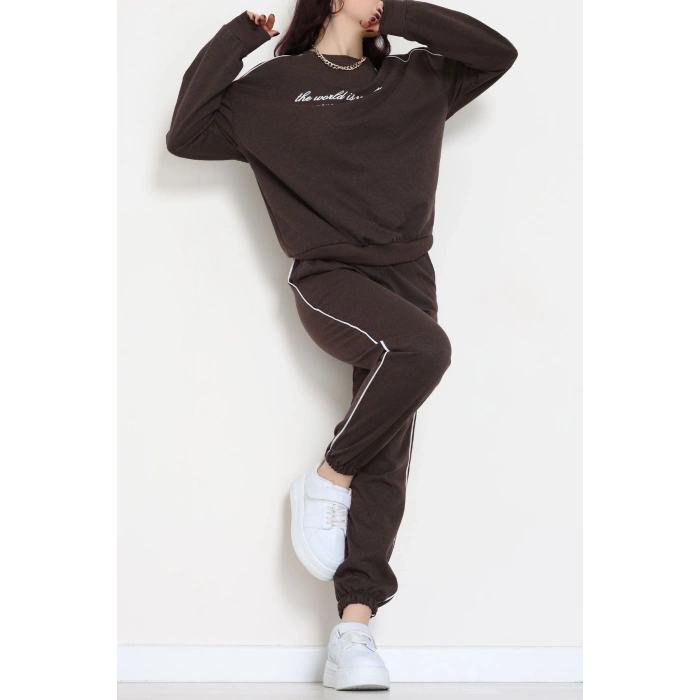 Baskılı Biyeli Eşofman Takımı Kahve - 20075.1857.